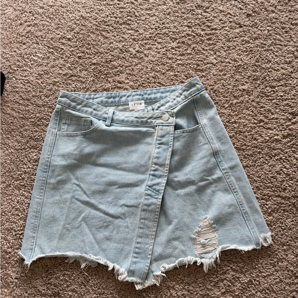 Le Lis Light Blue Distressed Denim Skort - Picture 1 of 6